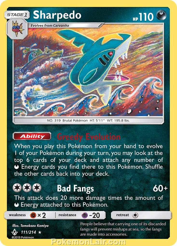 2019 Pokemon Trading Card Game Unbroken Bonds Set – 111 Sharpedo