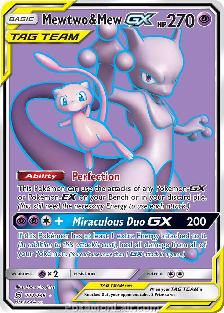 2019 Pokemon Trading Card Game Unified Minds Set – 222 Mewtwo Mew GX