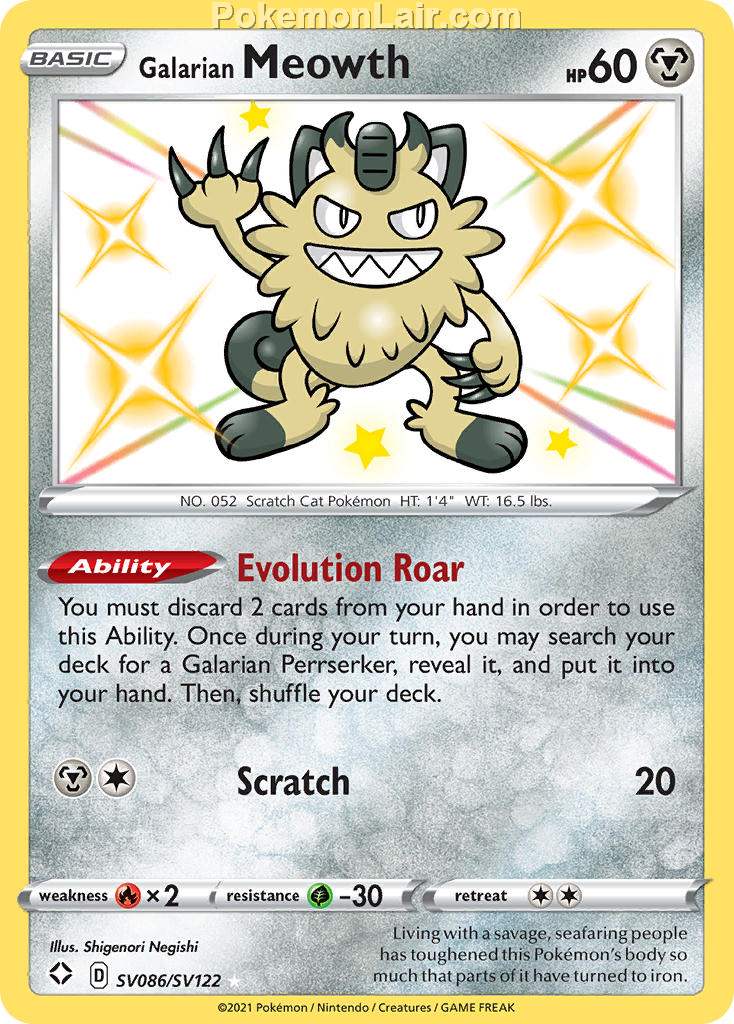 2021 Pokemon Trading Card Game Shining Fates Set List – SV086 Galarian Meowth